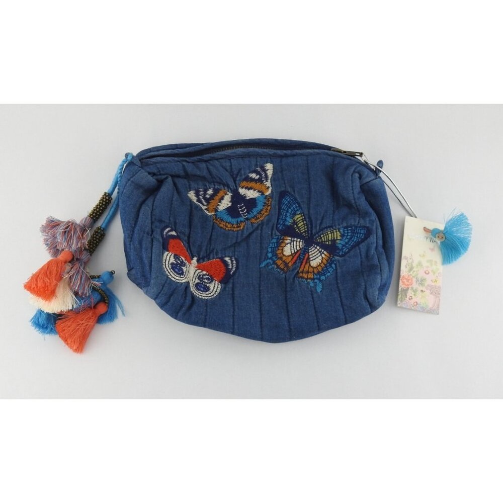 New Johnny Was Paradisio Quilted Denim Makeup Bag with Butterflies & Tassles